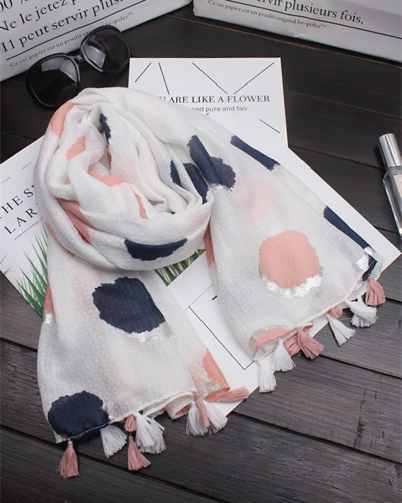 2018 New Women Dot Print Silver Foil Tassel Scarves And Shawls Long Cotton Voile Spot Hijab Wrap 10pcs/lot Free Shipping |