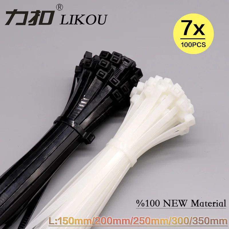 LIKOU нейлоновые кабельные стяжки 7x150 мм/200 мм/250 мм/300 мм/350 мм 100 шт Пластик