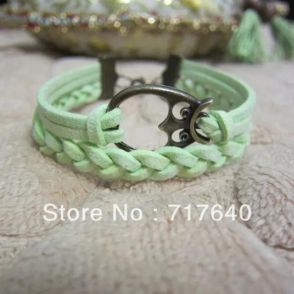 6 шт. / много! Металлический сплав трикотаж зеленый замша сова манжеты браслет