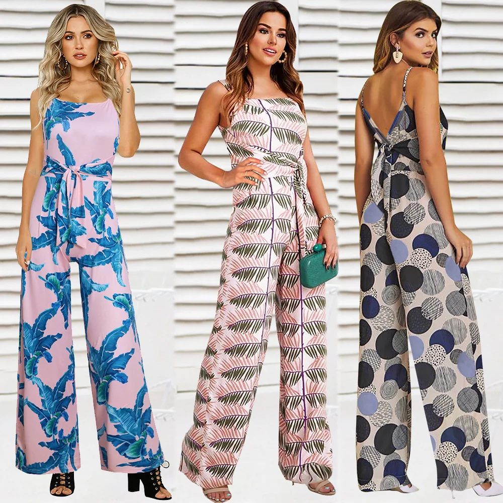 

Casual Jumpsuit Milk Silk Polyester Slim Long Waistband Loose Horn Style Jumpsuit Backless Printed Ethnic Style Jumpsuit