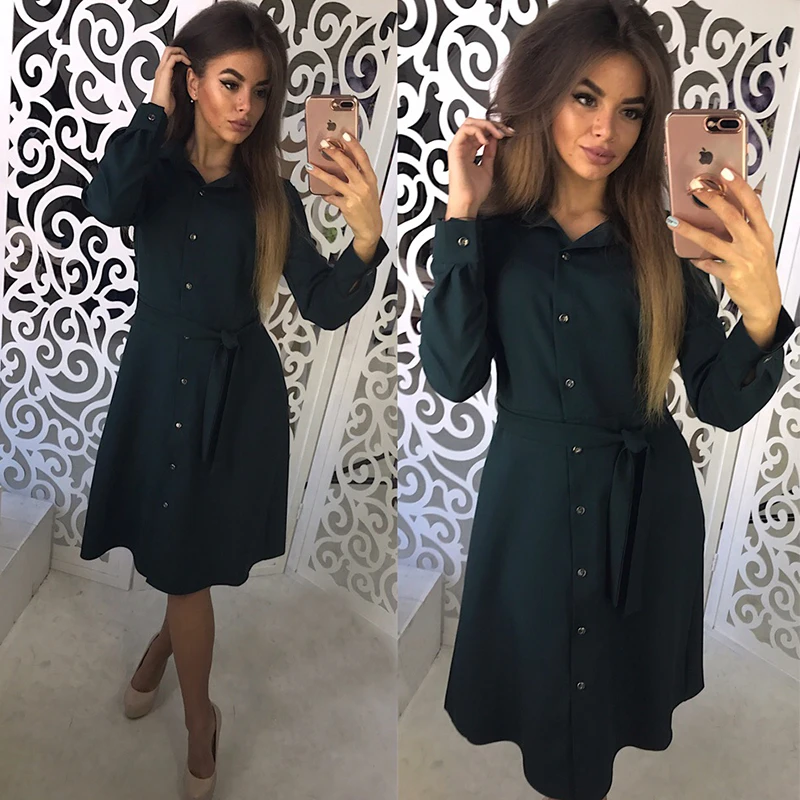Платье-рубашка 2019 осенне-весеннее платье с поясом женское длинным рукавом и