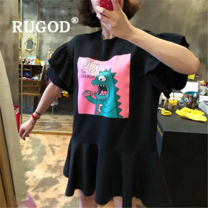 Женское свободное платье RUGOD летнее с круглым вырезом и принтом динозавра