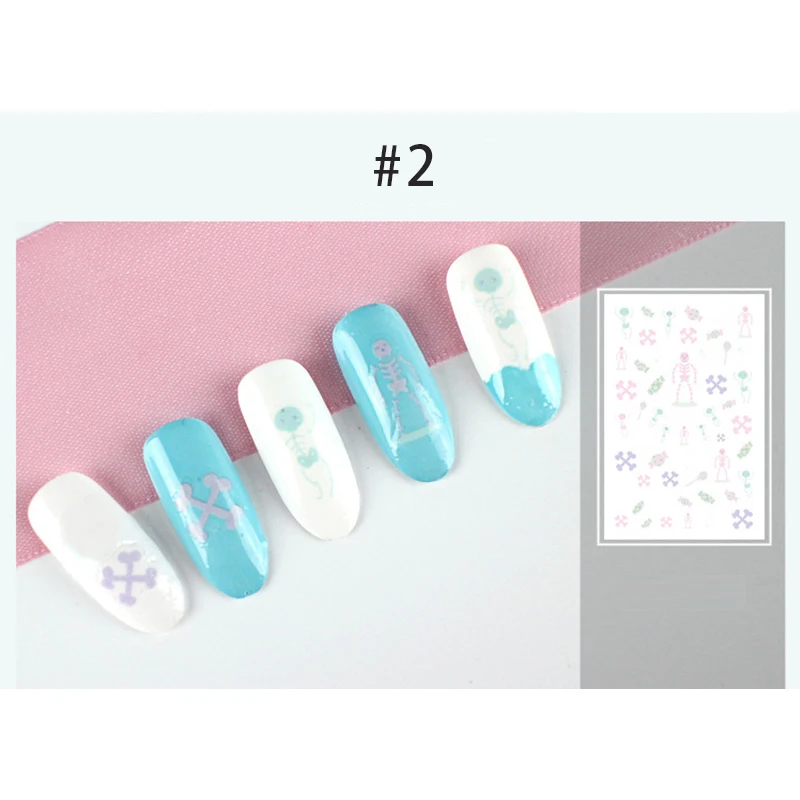 3D наклейки для ногтей Серебристые Сердце Череп Луна изображение смешанные