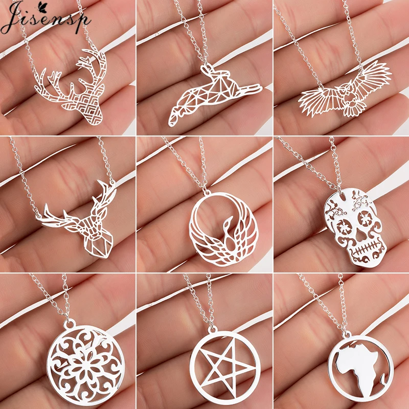 

Jisensp Stainless Steel Deer Rabbit Pendant Necklace Women Boho Jewelry Cute Star Moon Chain Necklaces Collier Femme Wholesale