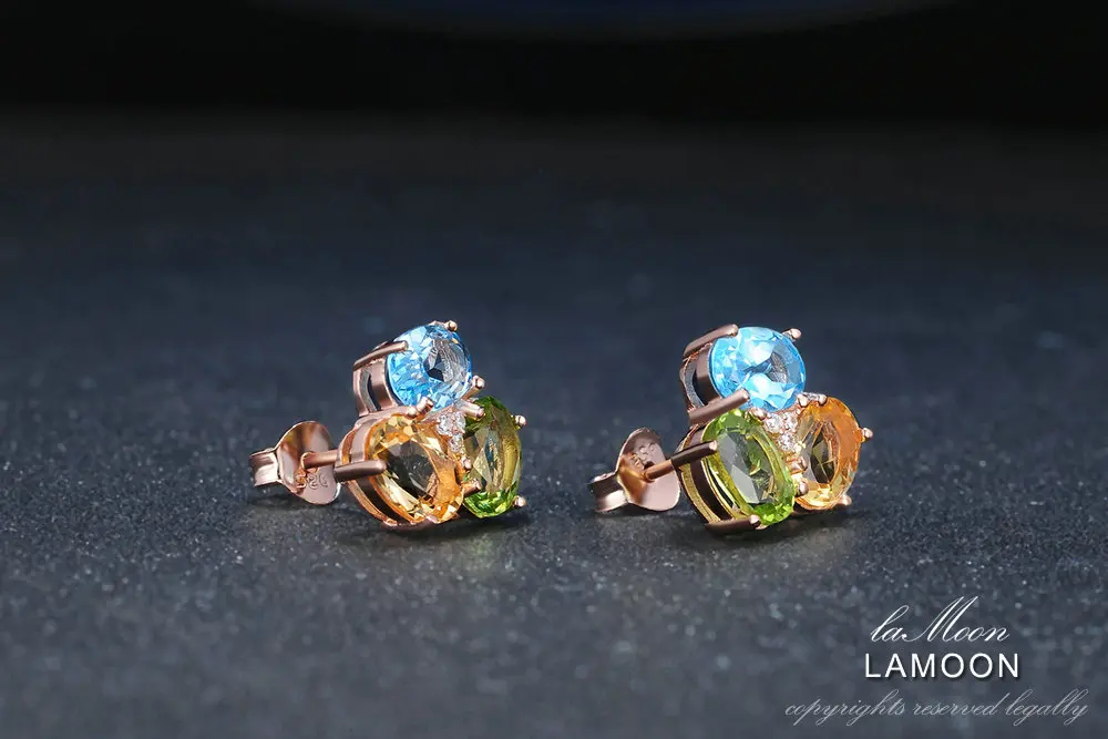 LAMOON 3 шт 3ct Овальный Желтый цитрин Зеленый Перидот Голубой топаз 925 пробы-серебро-ювелирные изделия серьги S925 LMEI037