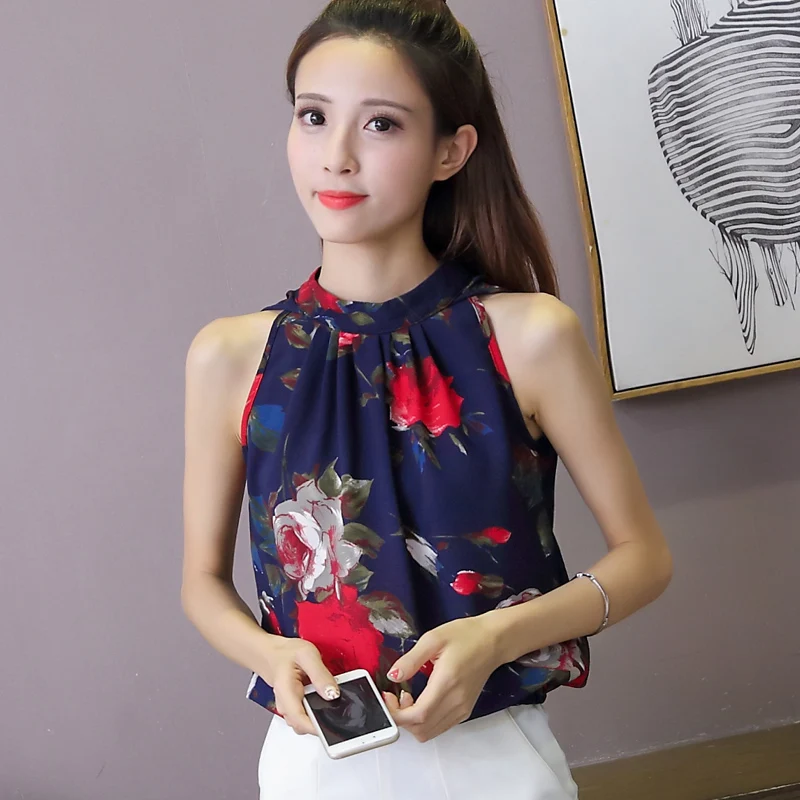 Летние Для женщин блузки с цветочным принтом шифоновый топ на бретелях без