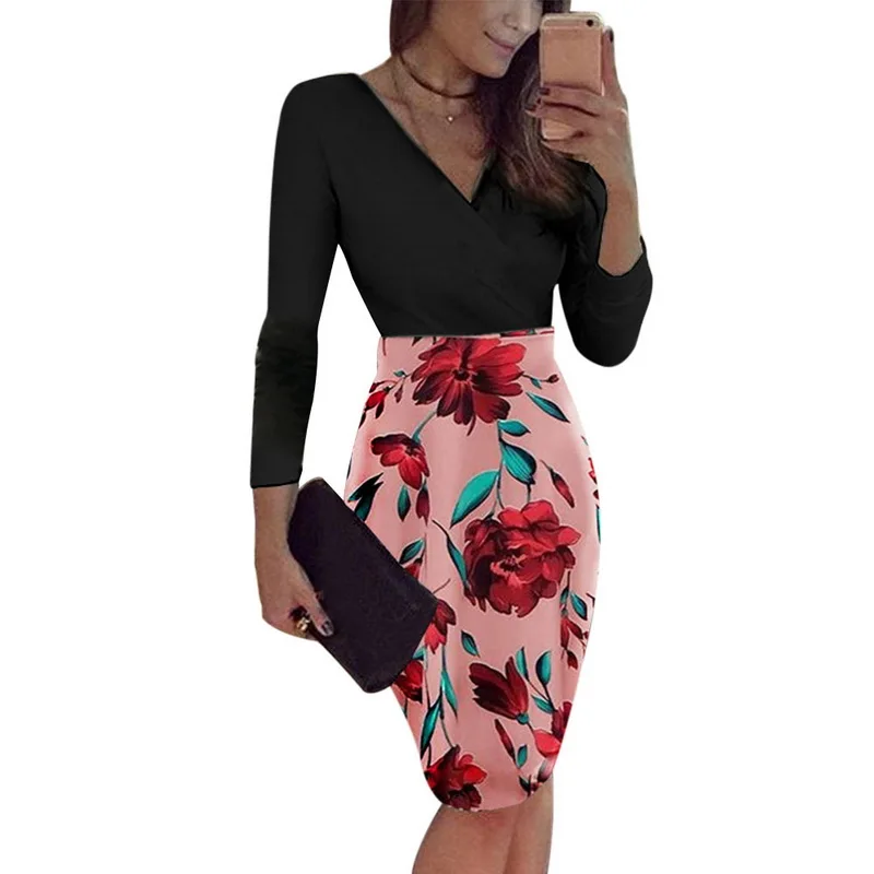 Pink V-neck 1 Laamei женское платье с принтом в стиле бохо, сексуальное винтажное женское платье-карандаш с цветочным рисунком, вечернее платье для вечеринки, облегающее платье, посылка на бедро, Vestidos - Цвет: Pink V-neck 1