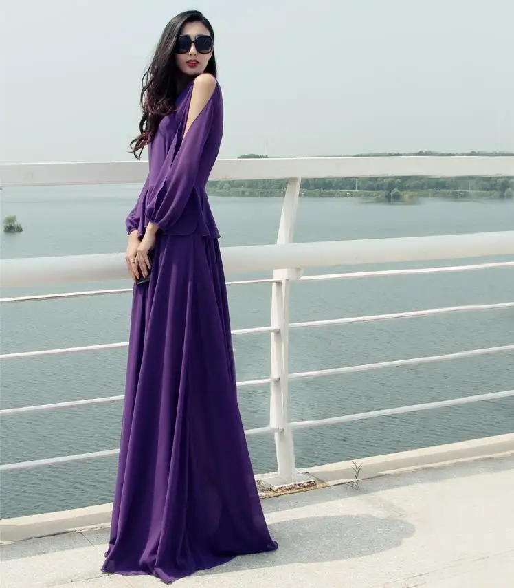 Женское шифоновое платье с открытыми плечами длинное фиолетовое платье-макси