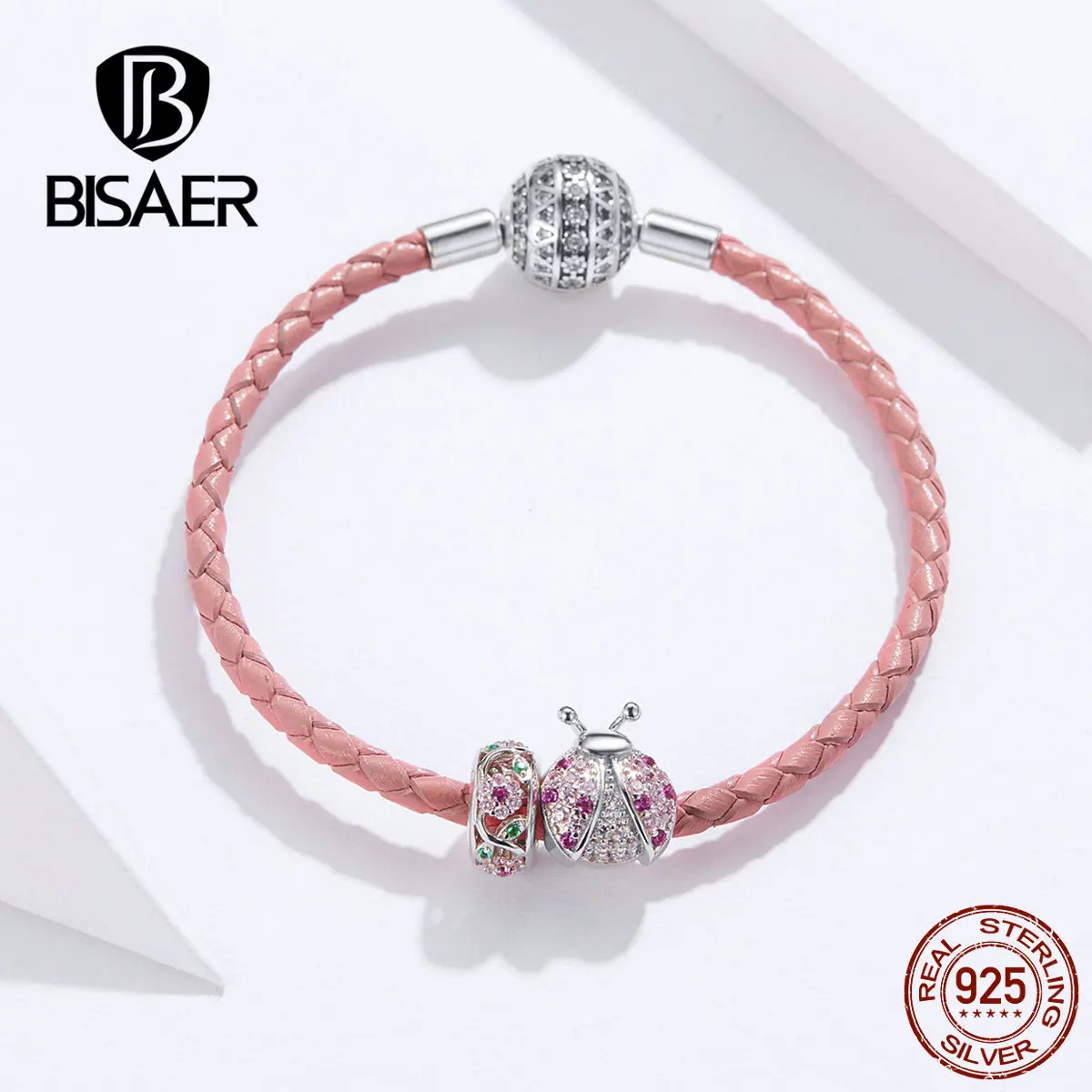 Женские браслеты BISAER, 925 пробы, серебряные, божья коровка, красная веревка, серебряные браслеты для женщин, ювелирные изделия из стерлингового серебра ECB823