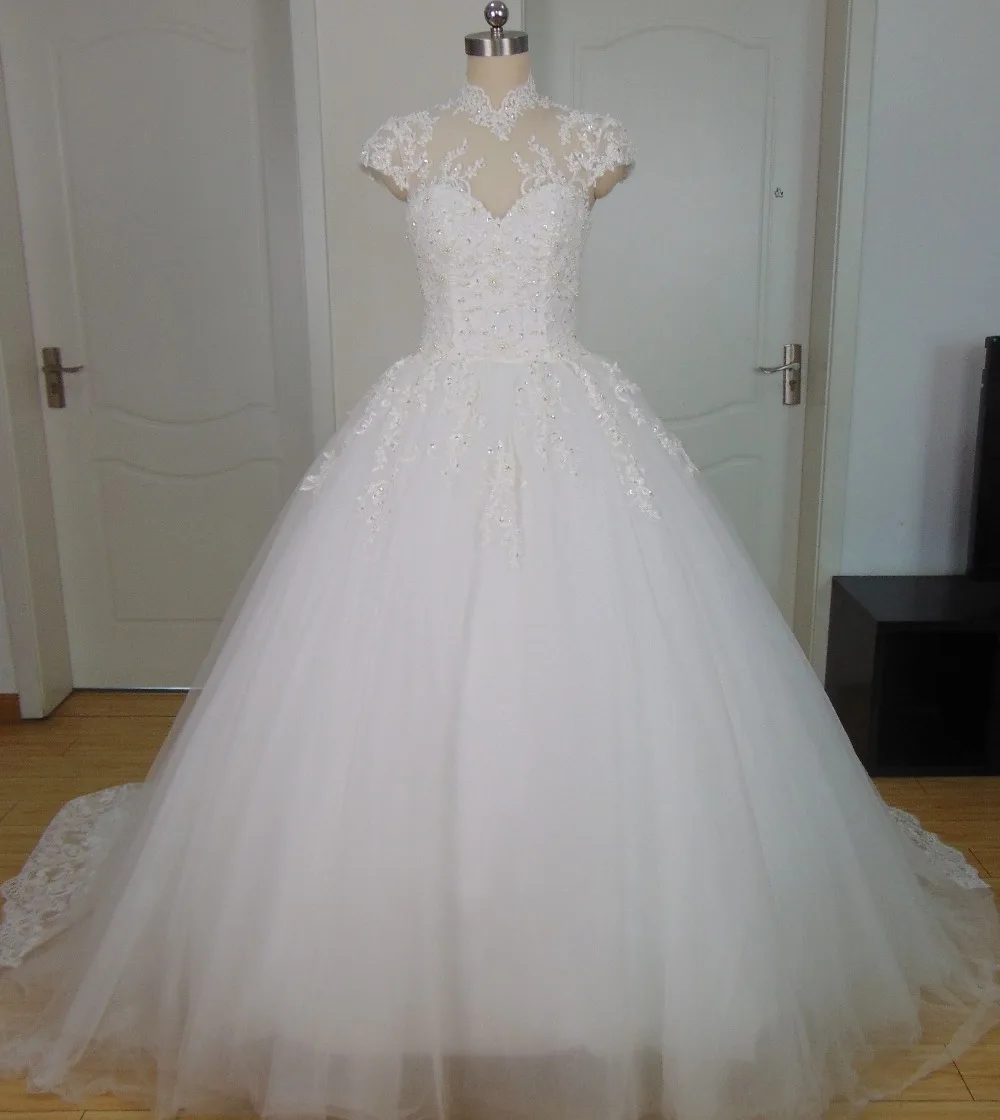 Реальные Vestido де Noiva Высокая Шея Бальное платье Свадебное Платье Из Бисера Люкс