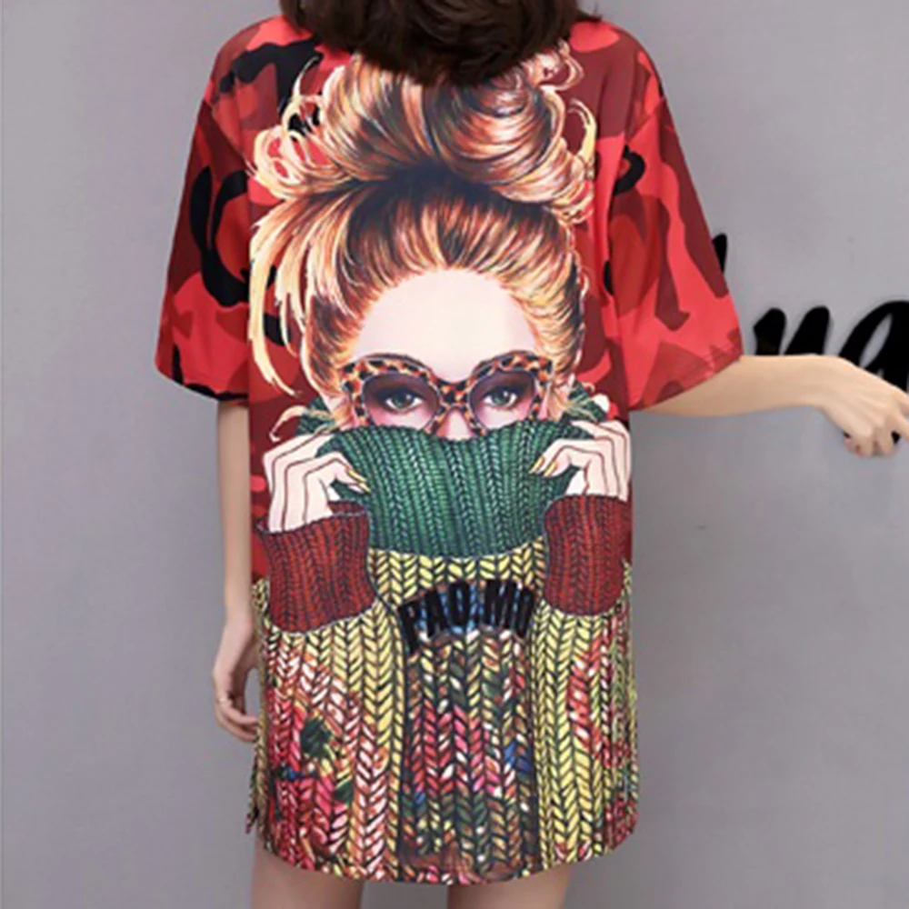 Для женщин летние негабаритных Повседневная футболка Красный Иероглиф О