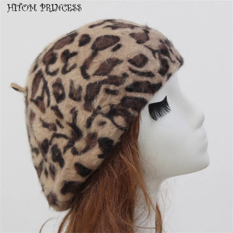 

HITOM PRINCESS Elegant Warm Wool Leopard Print Women Sexy Beret Autumn Winter Vintage Hat Beanie Cap Streetwear Warm Beret Hats