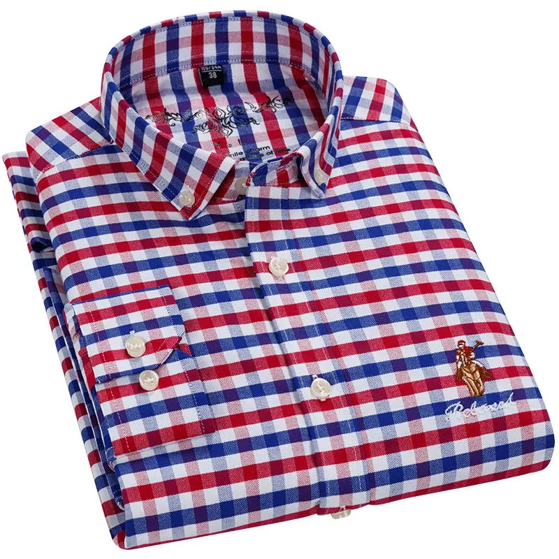 Camisa Masculina 100% Хлопок Клетчатая оксфордская рубашка с левой грудью вышивка умная