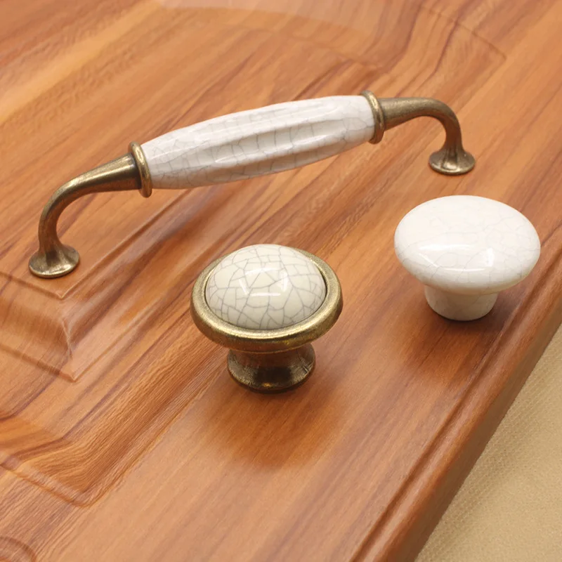 White Crack Ceramic Door Handles European Cabinet Drawer Handle Cupboard Kitchen Pull Vintage Bronze Knobs 128mm/Single Hole |