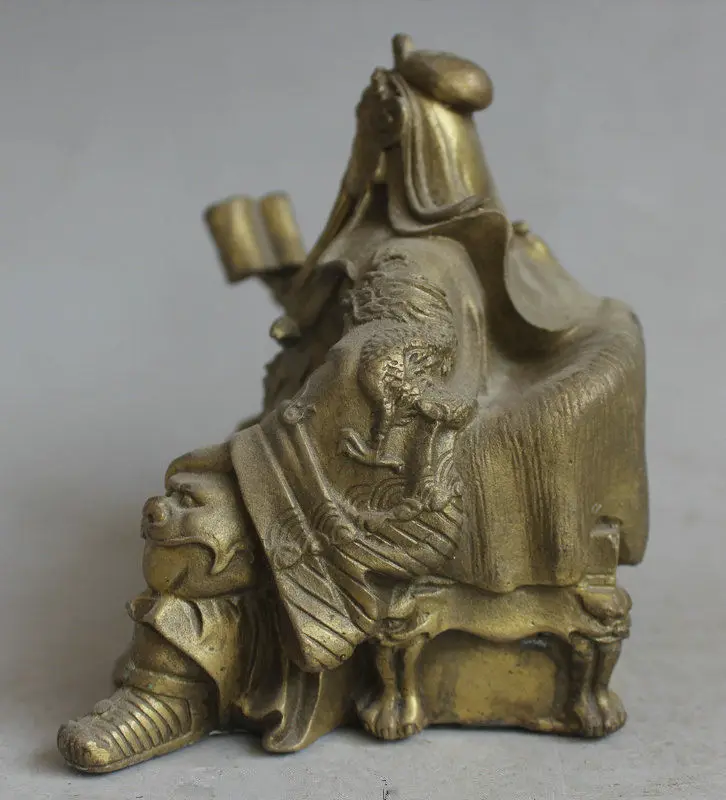 Китайская латунная статуя Guan Gong Yu Warrior God Read Book Wear Dragon Robe | Дом и сад