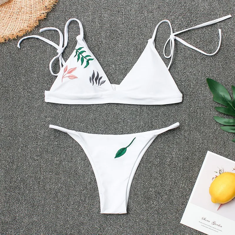 

Sexy Push Up Thong Bikini Set Swimsuit Women Triangle Brazilian Bikinis Embroidered Leaves Beach Bathing Suit Swimwear Biquini