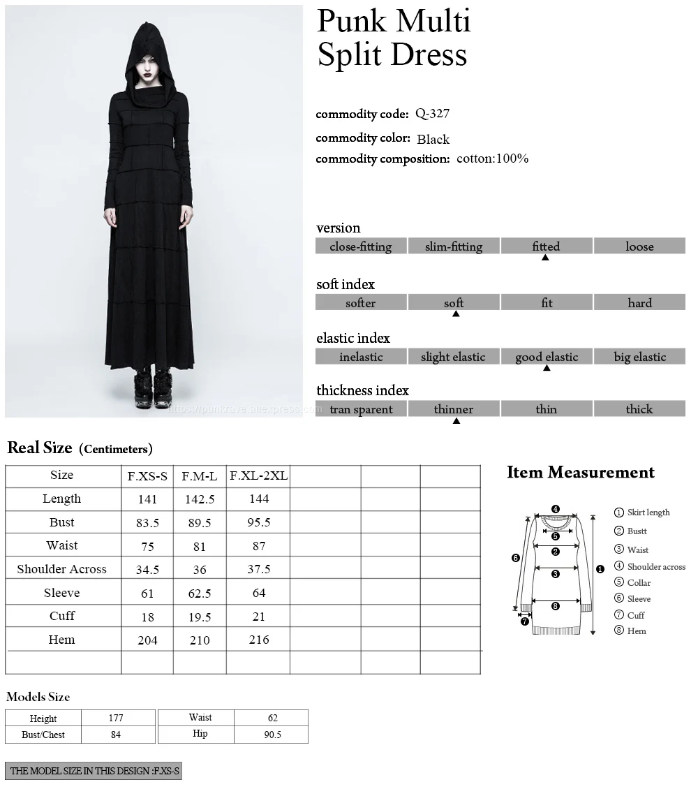 PUNK RAVE Women's Gothic Mysterious Hooded Bodycon Black Long Dress Extreme Straight Halloween Party Club Women Dress