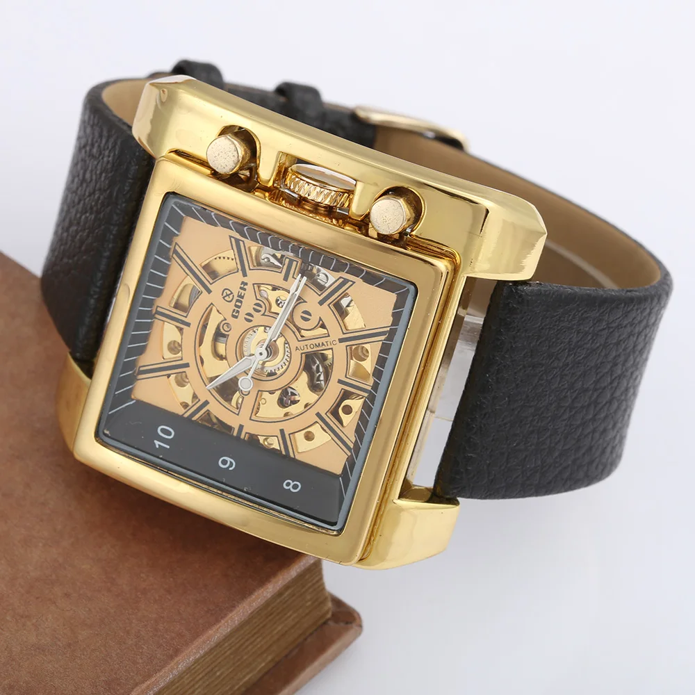 Часы скелетоны Мужские механические брендовые автоматические золотистые