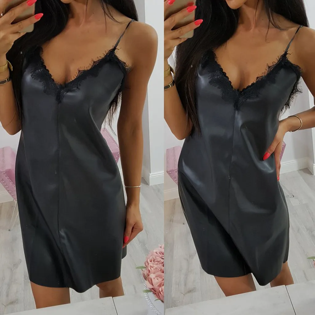 Свободное женское платье из страуса, модное, сексуальное, повседневное, женское, сексуальное, v-образный вырез, без рукавов, вечернее, кожаное, мини, сексуальное, женское платье, летнее