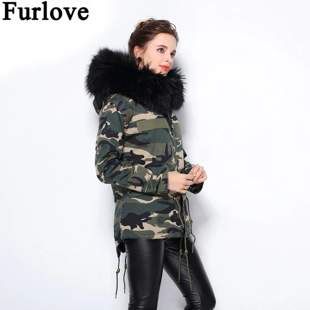 Furlove/зимняя женская куртка 2017 большой мех енота пальто с капюшоном парки верхняя