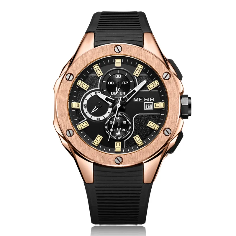 black gold Relogio Masculino MEGIR мужские часы Топ люксовый бренд Хронограф Календарь спортивные наручные часы Военная армия резиновые мужские часы 2053 - Цвет: black gold