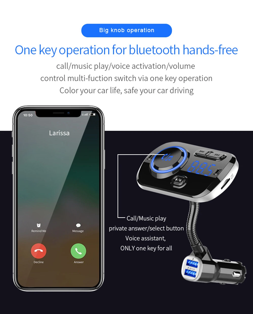 JINSERTA цветной светильник, Большой Цифровой Автомобильный Mp3 плеер, Bluetooth 5,0, fm-передатчик QC3.0, двойное зарядное устройство USB, поддержка AUX, TF карта