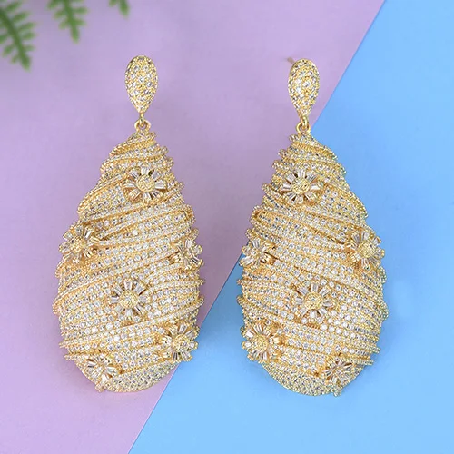 Gold GODKI/модные роскошные серьги с цветком в виде капли воды, длинные висячие серьги для женщин, свадебные, полный микро CZ кубический циркон индийский Дубайский, золотые серьги - Окраска металла: Gold