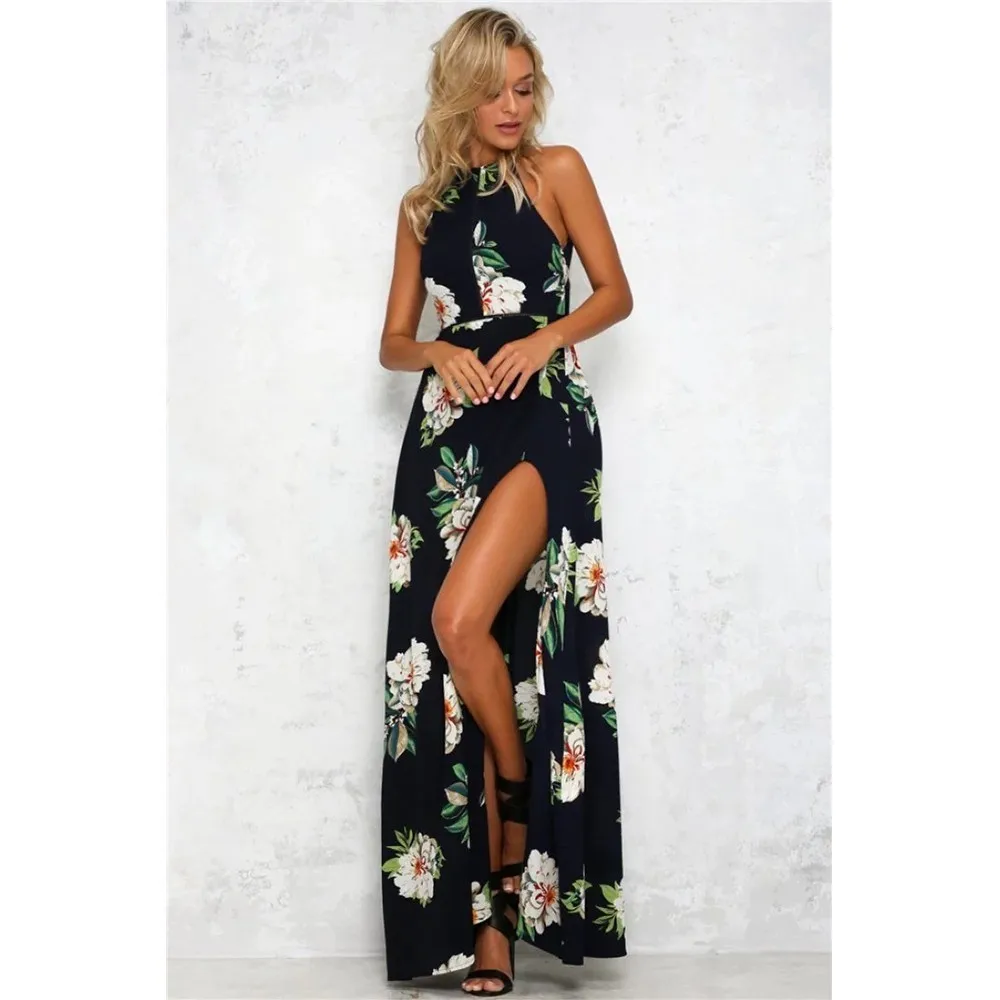 Loneyshow Summer Women Bohemian Sexy Dress Halter V Neck Sleeveless Lace Ankle Length Retro | Женская одежда