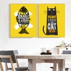Плакат в скандинавском стиле с изображением черного кота, рыбы, Настенный декор, декор для стен, желтая Настенная картина, украшение для кухни, гостиной