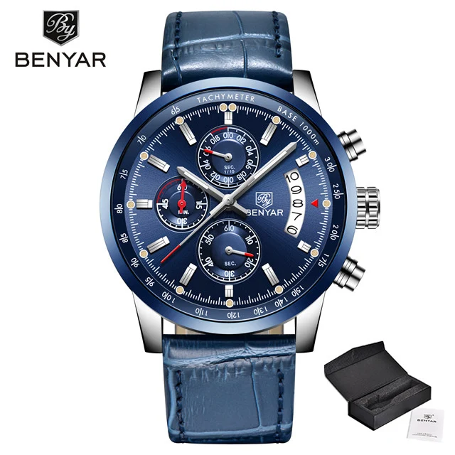 L-blue box Мужские часы BENYAR, новинка, топ класса люкс, бренд, Бизнес Стиль, дата, мужские часы, сетка, нержавеющая сталь, кварцевые часы с хронографом, zegarek meski - Цвет: L-blue box