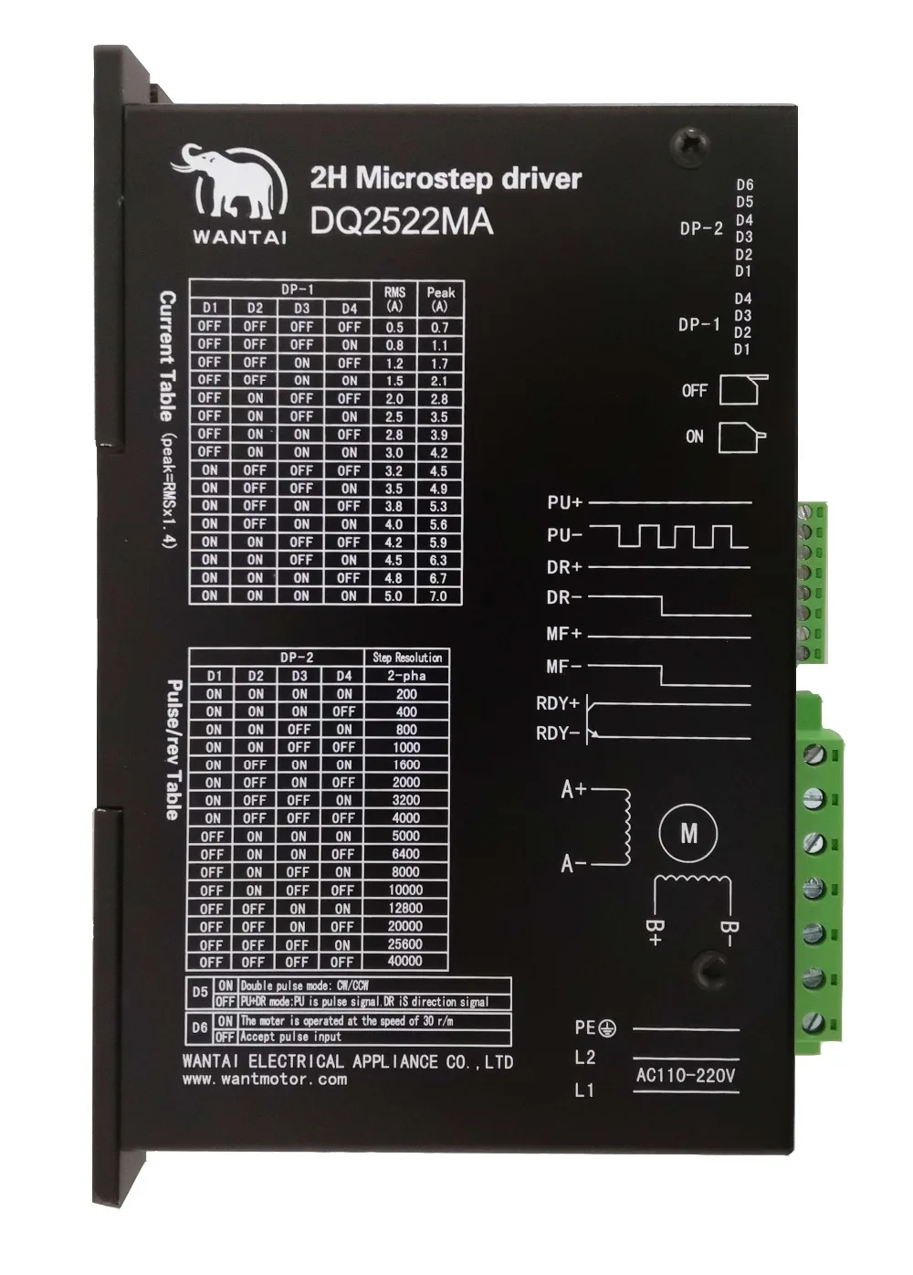 

Wantai Stepper Digital Driver DQ2522MA 110-220V 5.0A 300 Microsteps Matching Nema 23&34&42 stepper motor CNC Laser Mill