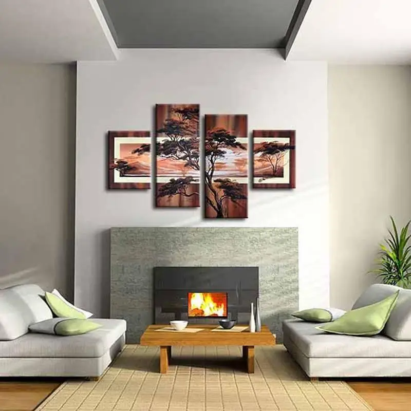 

Modern Beautiful Hand Painted Oil Paintings Tree Sunset Wall Art On Canvas for Home Decor 4 Panel Combination Pictures Unframed