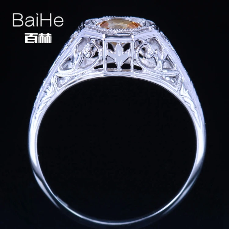 BAIHE Стерлинговое Серебро 925 0.92ct Сертифицированный желтый безупречный круглый настоящий Цитрин обручальное женское старинные ювелирные украшения кольцо