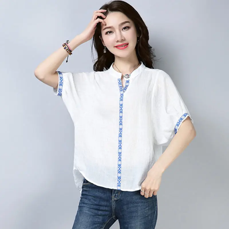 Для женщин из хлопка и льна блузка рубашка 2018 Новая мода вышивка блузки короткий