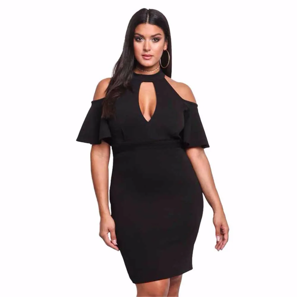 Черный Cold Shoulder Halter Средства ухода за кожей шеи большой Размеры Bodycon платье