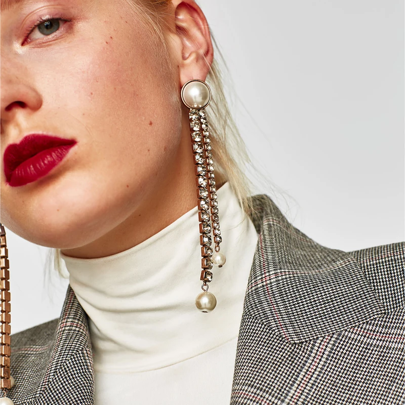 Vodeshanliwen новые длинные стразы серьги с кисточками искусственным жемчугом