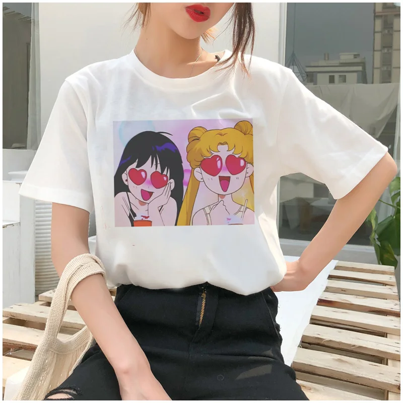Сейлор Мун летняя модная футболка Женская Harajuku Веселая футболка милый кот футболка Мультфильм Ulzzang футболки kawaii одежда