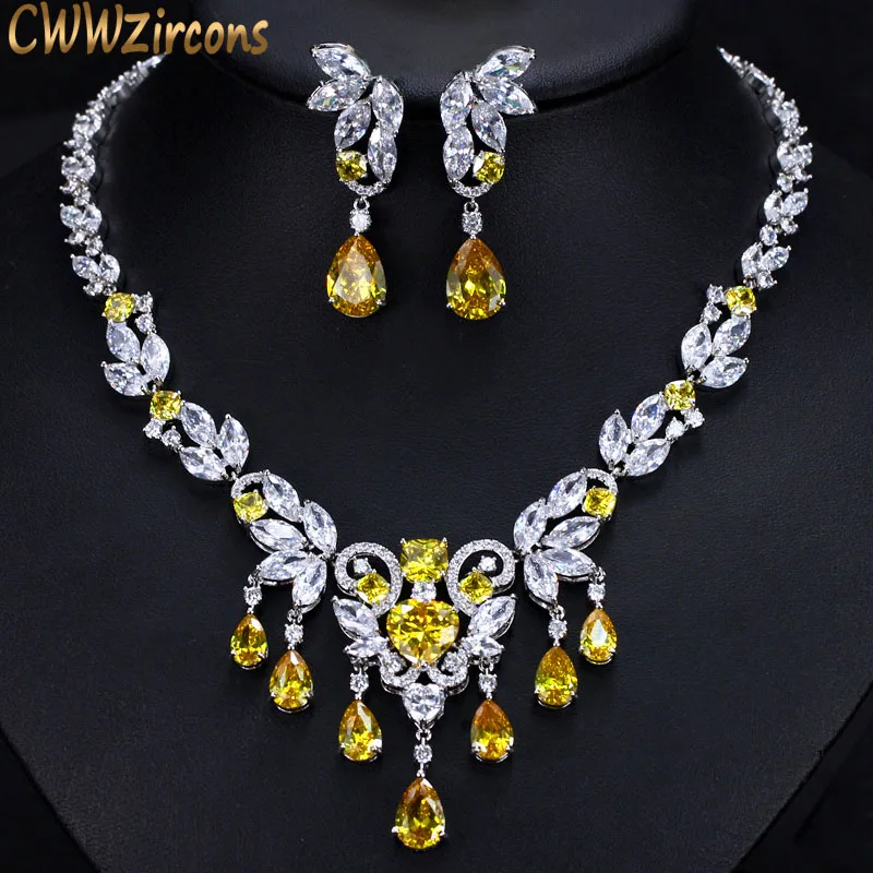 yellow white CWWZircons высокое качество желтый кубического циркония Африканский роскошный кисточкой падение Свадебные Цепочки и ожерелья Ювелирные наборы для невест T290 - Окраска металла: yellow white