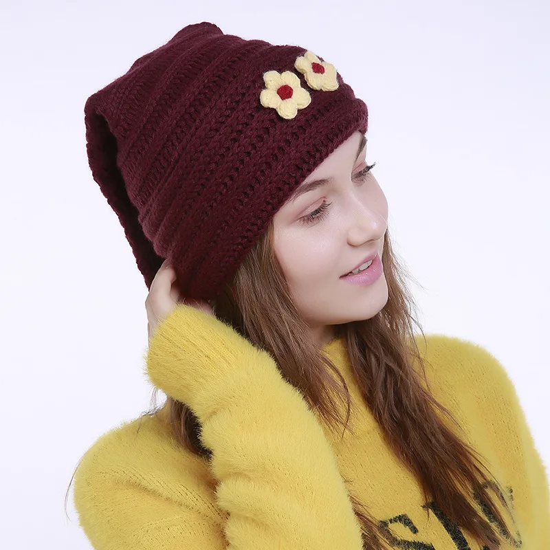 Женские шапочки Skullies, зимние шапки, теплые милые шапочки с цветком и длинным хвостом, модные женские шапки, кашемировая вязаная шапка