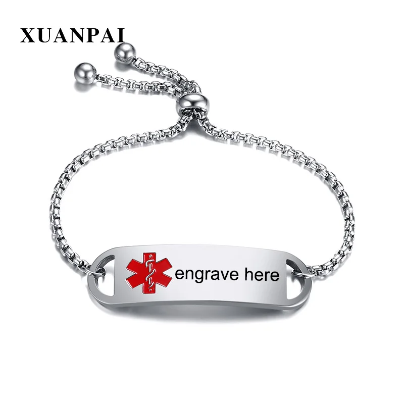XUANPAI Free Engraving Medical Alert ID Bracelets for Women Stainless Steel Identification Tag Adjustable Female Charms Jewelry | Украшения