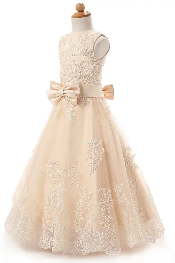

Jewel sleeveless Floor length champagne Pageant Dresses Cute Baby Girls dress Bows Applique Beaded Flower Girl Dresses