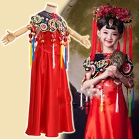 hong fu red ethnic fashion china national trend red costume for little girl with hair tiaras beautiful girls costume