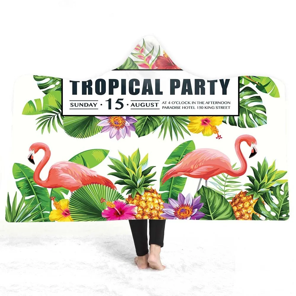 Tropical Plant Flamingo Hooded Blanket Sherpa Fleece Ocean Blue Wearable Plush Throw On Bed Sofa Thick Warm Home Textile | Дом и сад