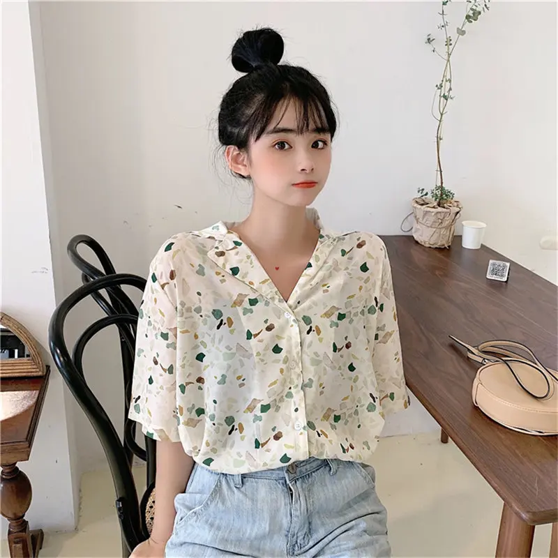 Женская рубашка с коротким рукавом HziriP универсальная летняя цветочным принтом и