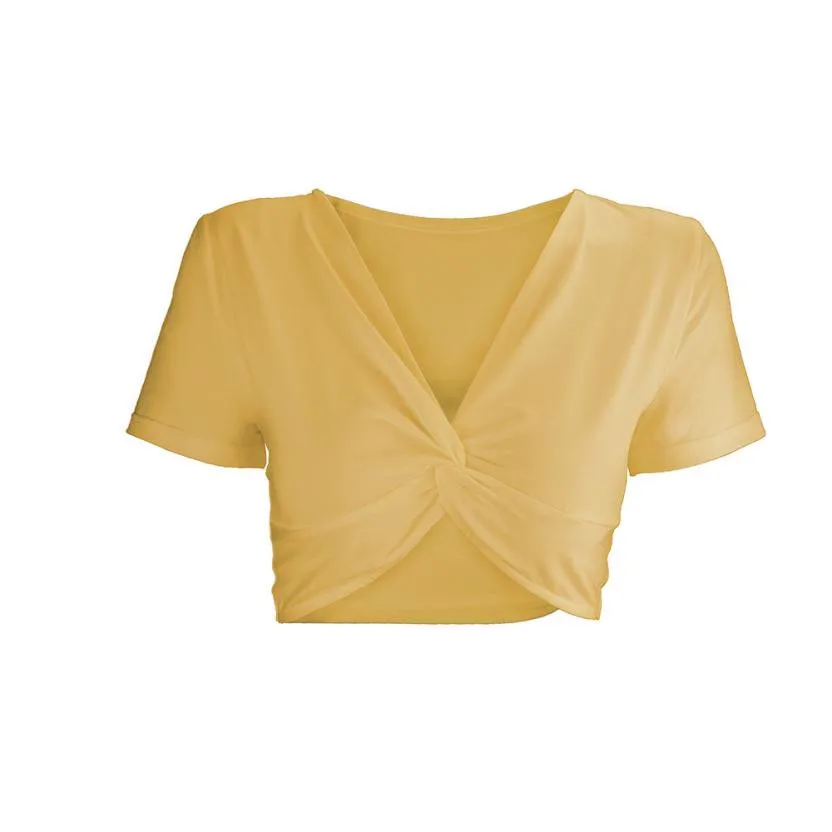 Летний женский топ с коротким рукавом и асимметричным v-образным вырезом, короткая блуза, топы, модная однотонная одежда, сексуальный круп Топ 0120