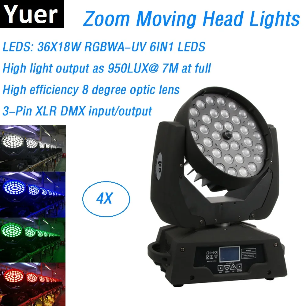 

4XLot LED Zoom Light 36X18W RGBWA-UV 6IN1 LED Moving Head Wash Lights LCD Display DMX 17 Channels Dj DMX Disco Laser Show Lights