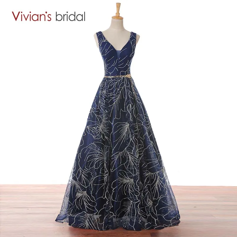 Vivian's Bridal темно-синее платье с v-образным вырезом без рукавов ТРАПЕЦИЕВИДНОЕ