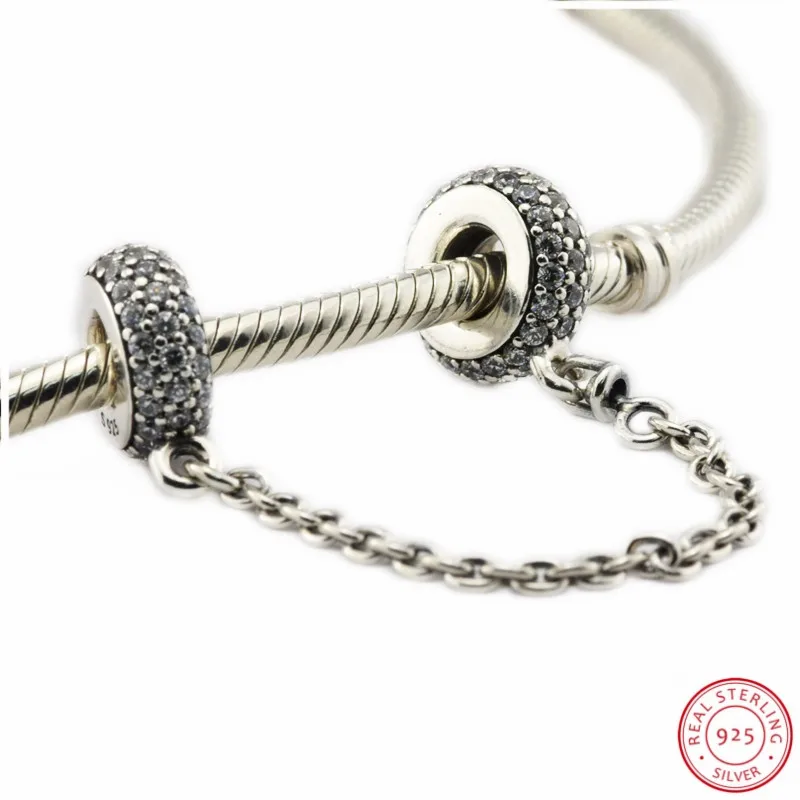 Красивые 925 пробы серебряные цепи безопасности с прозрачными CZ DIY Fit PANDORA Подвески