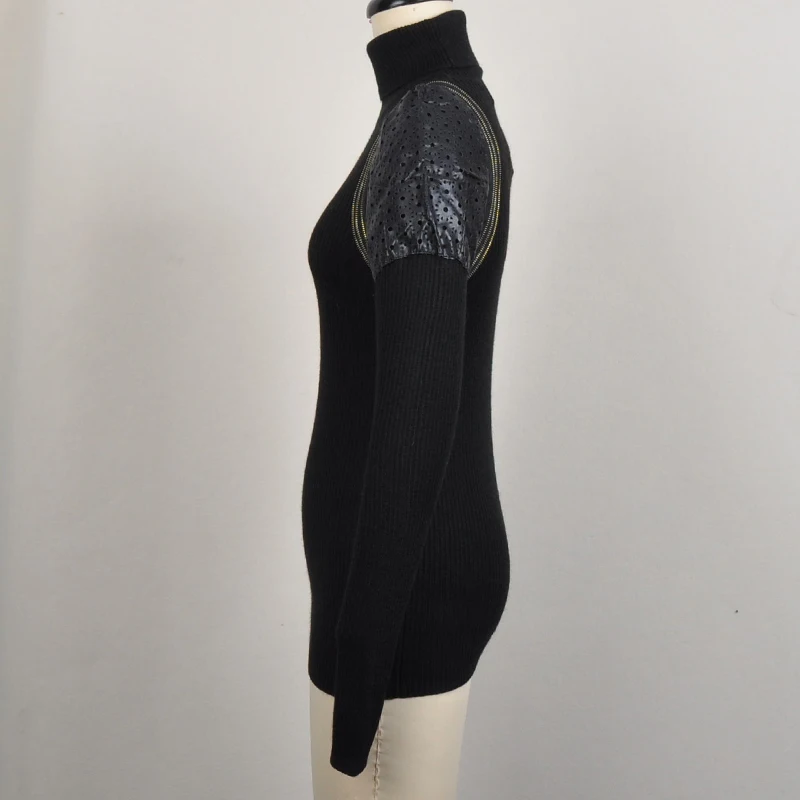 2018 Autumn Black Long Sleeve Women Slim Turtleneck Sweater PU Leather Shoulder Pure Color Office Lady Knitting Pullovers FSJQ47 | Женская