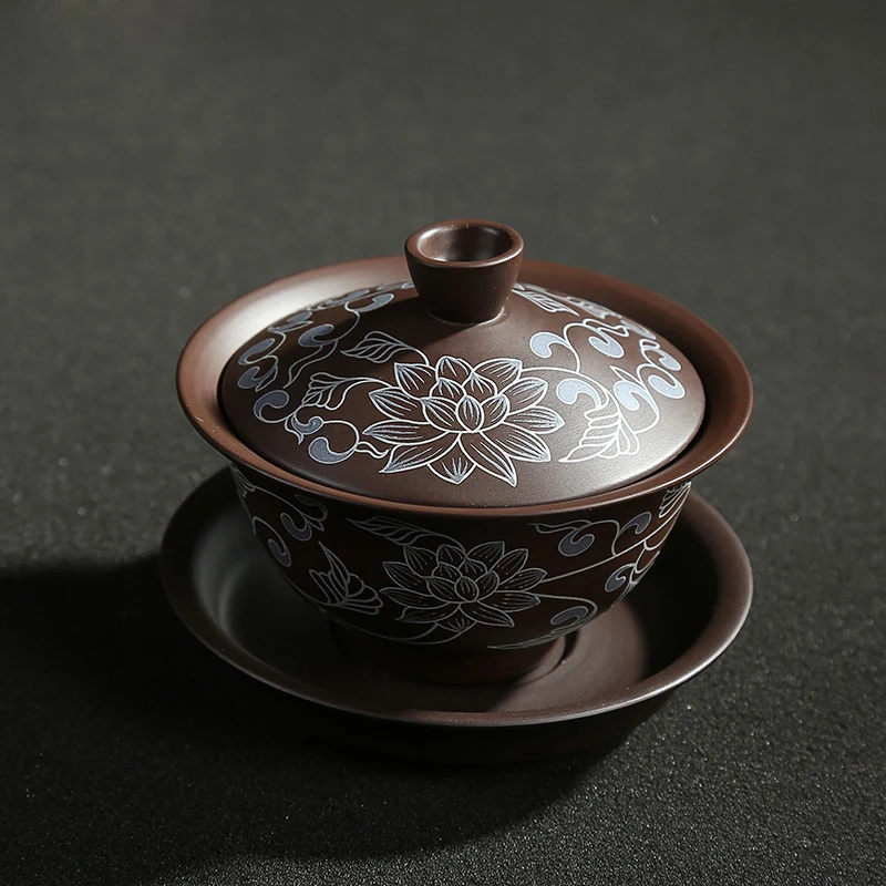 140 мл аутентичный китайский чайник для заварки чая Gaiwan винтажная пион ручная роспись фиолетовая глина чайный набор кунг-фу чайная чашка, чай чаша мастер чашки чайный горшок Tureen - Цвет: B